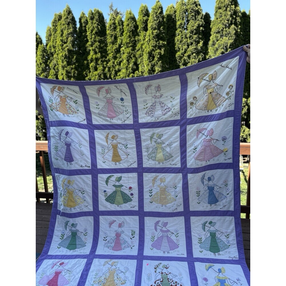 Vintage Handmade embroidered friendship quilt with Sun Bonnet Girls. 77” X 95”